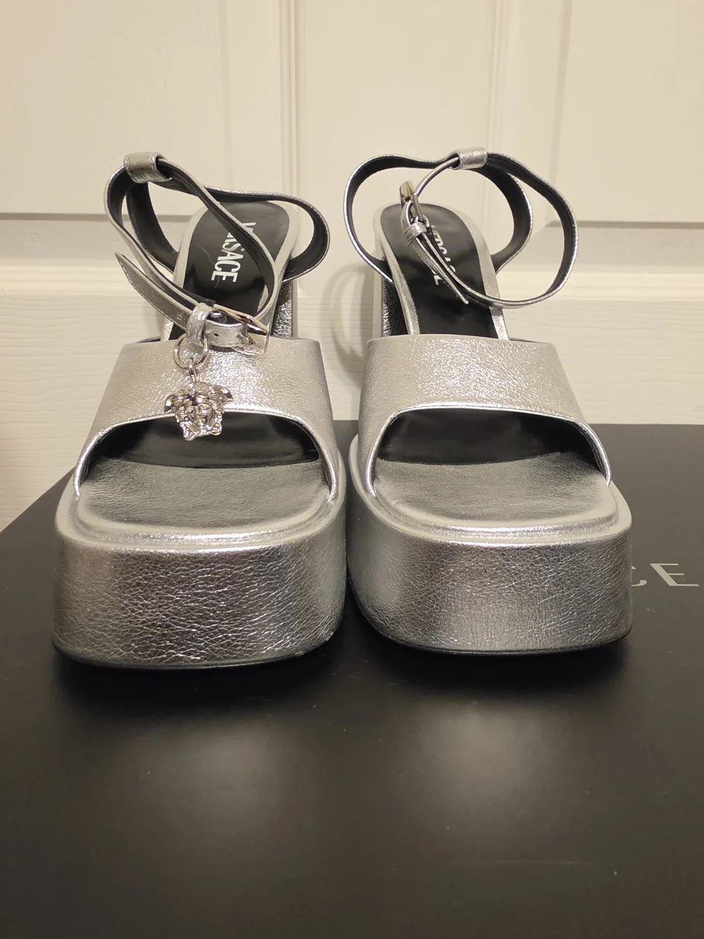 Versace Metallic Silver Platform Block-Heel Sandals 37